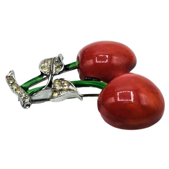 Vintage Cherry Brooch Enamel With Clear Rhinestone Leaves Figural Pin Costume Je - Picture 5 of 10